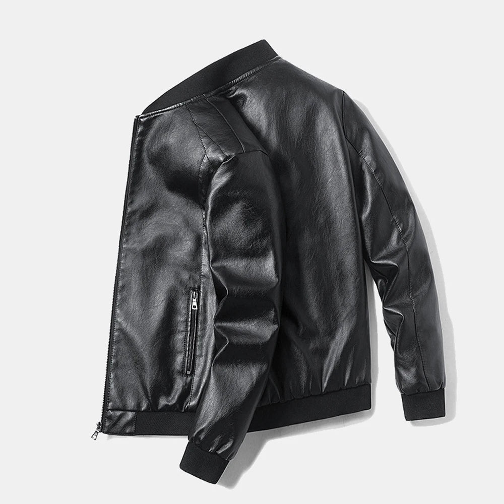 Men's Casual Leather Jacket Jacket Fashion Solid Color Collar Zipper Pocket Biker Clothing Bomber Motorcycle PU Jacket black