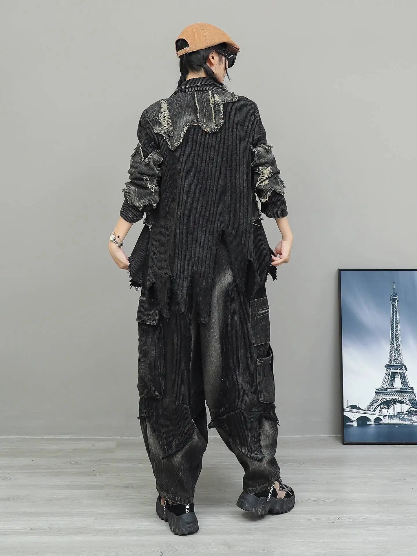 Trendy Cool Pant Set Women Autumn Vintage Denim Patchwork Long Sleeve Irregular Jacket + Harem Pants Two-Piece Set LX4331 Badiee Stylez