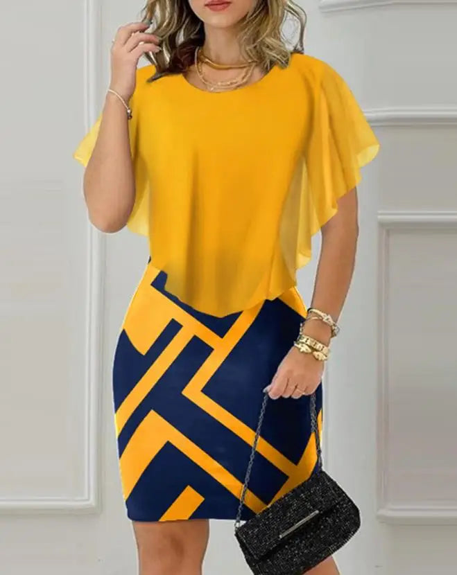 Short Sleeve Elegant Dresses for Women Geometric Print Ruffle Hem Bodycon Skinny Mini Dress New Fashion 2023 Summer Casual A