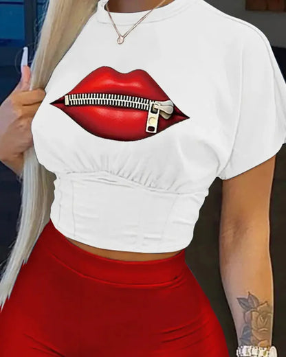 Casual O-neck Short Sleeve T-shirt Shorts Set Office Lady Summer Letter Print Tops Solid Shorts Two Piece Set Women Outfit 2024 Claret