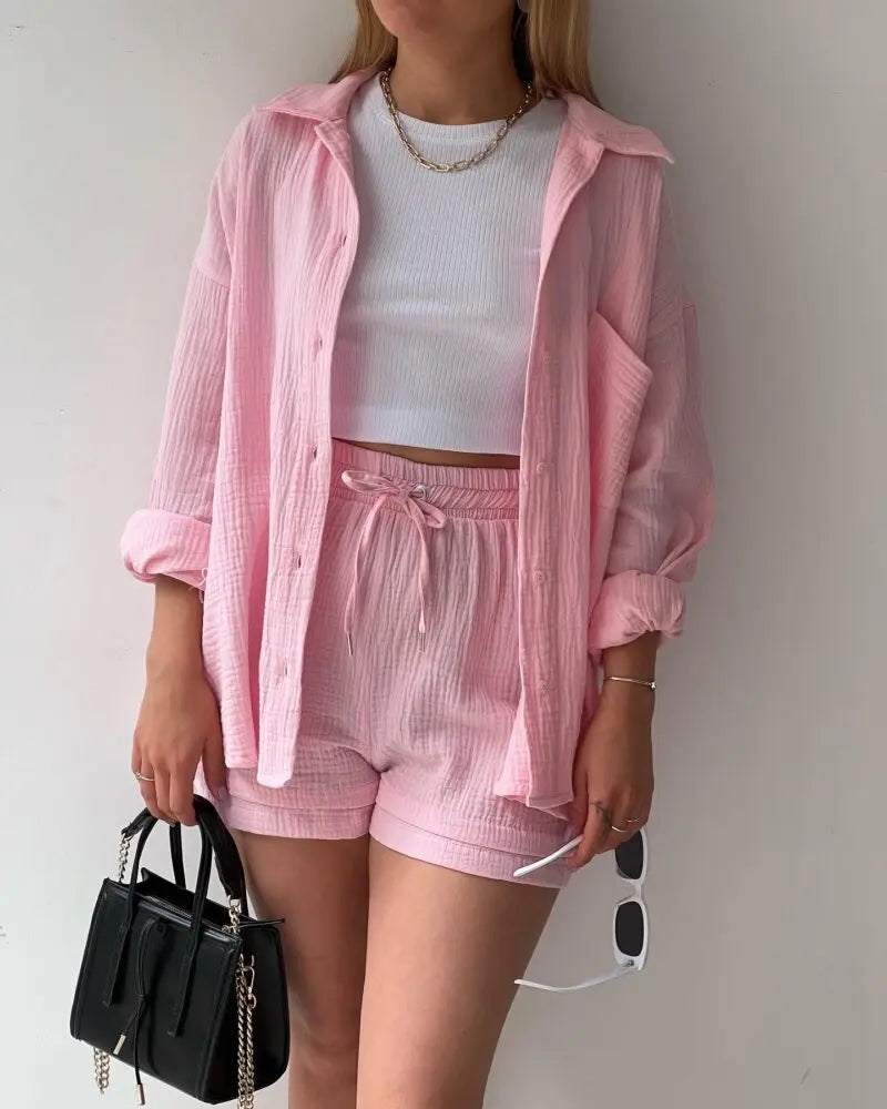 Short Sets Women Tracksuit Single Breasted Cardigan Blouses Two Pieces Shorts Loose Button High Street Solid Pockets Folds