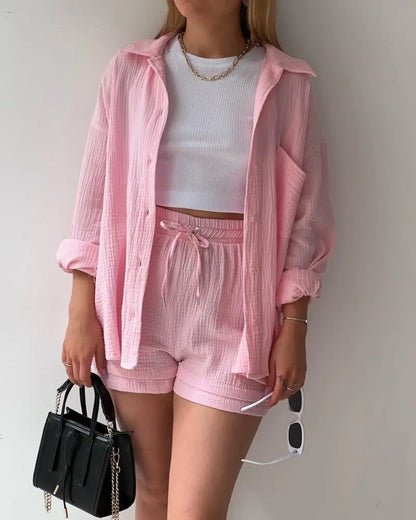 Short Sets Women Tracksuit Single Breasted Cardigan Blouses Two Pieces Shorts Loose Button High Street Solid Pockets Folds