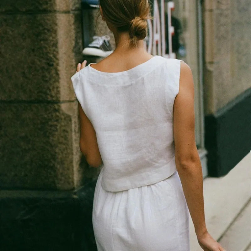 Summer New 100% Linen Sleeveless Crop Top Women's Loose Casual Solid Color Cute Tops Round Neck Minimalist Short T-Shirts