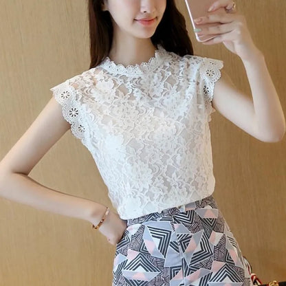 Summer Hollow Out Lace Blouse Elegant Shirt Ladies Tops Crochet Short Sleeve Bottoming Shirts Women Blouses Tops DF1591 white