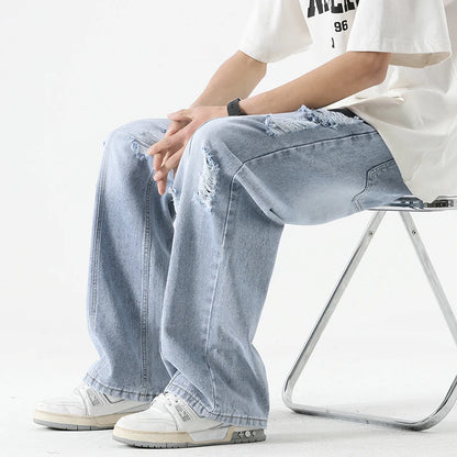 Men's Summer Ripped Jeans Loose Straight Leg Retro Men Draw Rope Port Fashion Brand All-match Casual Pants Light blue