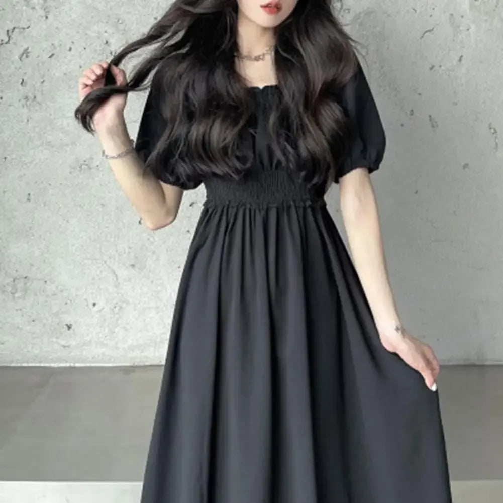Summer Women Dress Pleated Shirring Square Neck Short Sleeve Bubble Sleeve Ladies Dress Solid Color Loose Hem Midi Dress