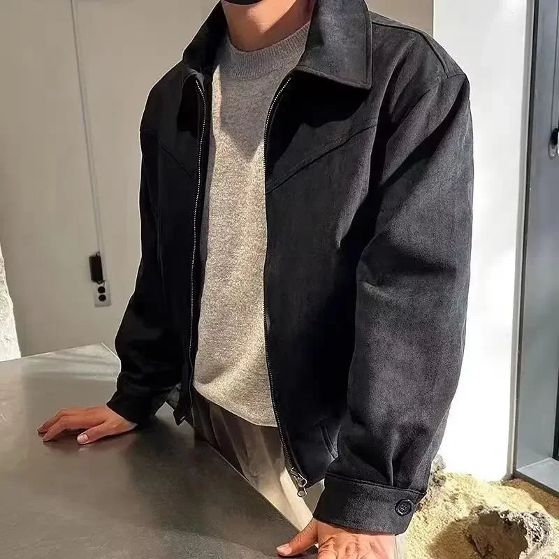 Versatile Vintage American Style Chamois Leather Jacket For Men Brown Coffee Maillard Matching Cropped Lapel Autumn Winter Seaso