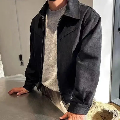 Versatile Vintage American Style Chamois Leather Jacket For Men Brown Coffee Maillard Matching Cropped Lapel Autumn Winter Seaso