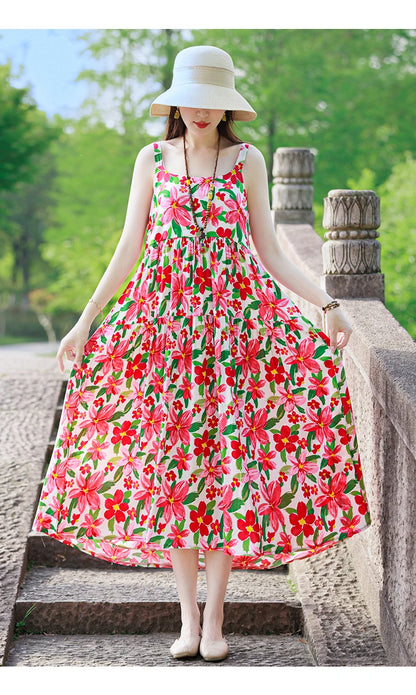 New Fashion Casual 2025 Summer Elegant Dresses For Women O-Neck Print Vintage Sleeveless Dress Loose Women Clothing