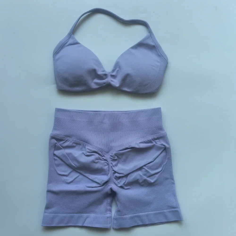 NO LOGO 2PCS Gym Set Women Strappy Yoga Bra Top High Waist Workout Scrunch Shorts Sports Suit Seamless Yoga Set Fitness Clothes Badiee Stylez