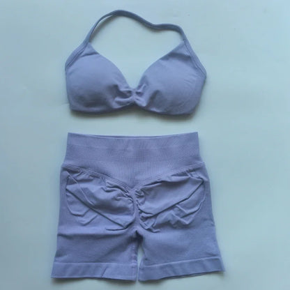 NO LOGO 2PCS Gym Set Women Strappy Yoga Bra Top High Waist Workout Scrunch Shorts Sports Suit Seamless Yoga Set Fitness Clothes Badiee Stylez