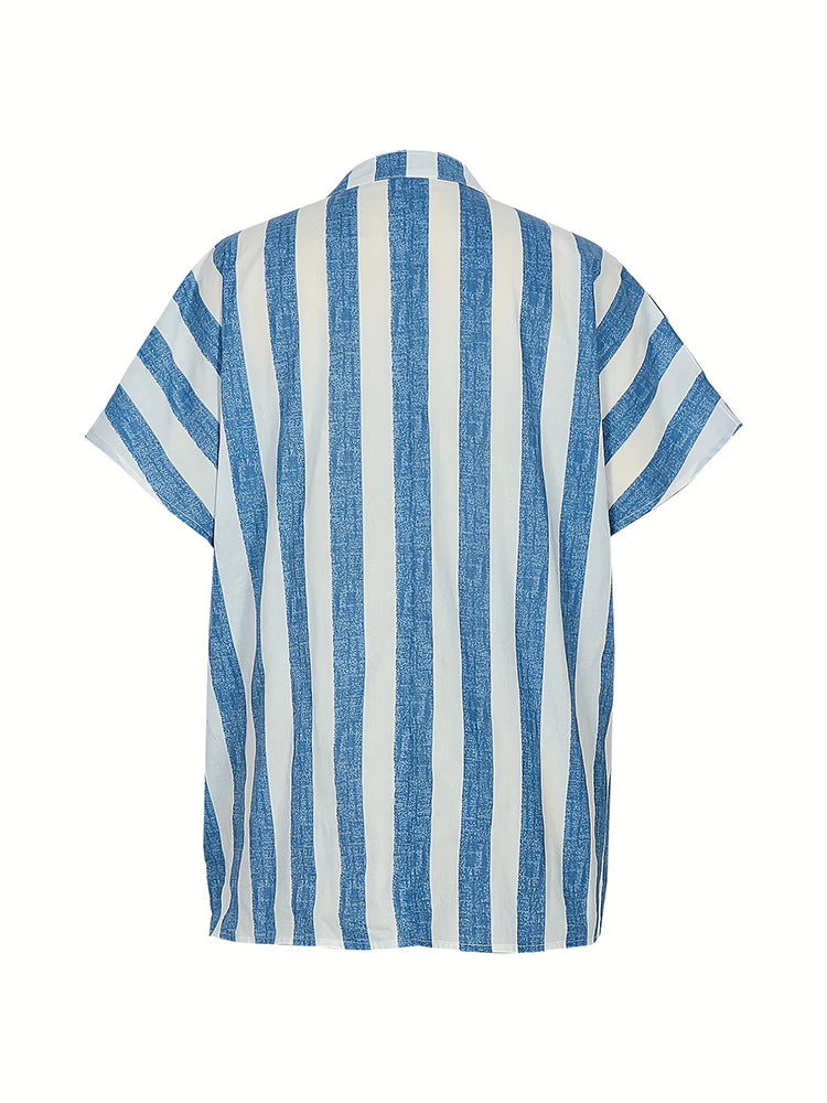 Plus Size 2024 Summer New Women's Striped Pullover T-Shirt V-Neck Short Sleeve Casual Tops Polyester