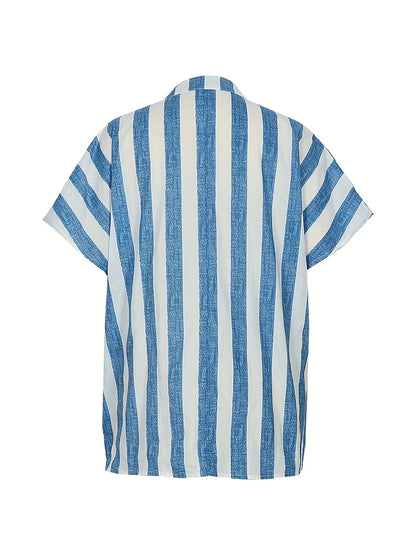 Plus Size 2024 Summer New Women's Striped Pullover T-Shirt V-Neck Short Sleeve Casual Tops Polyester