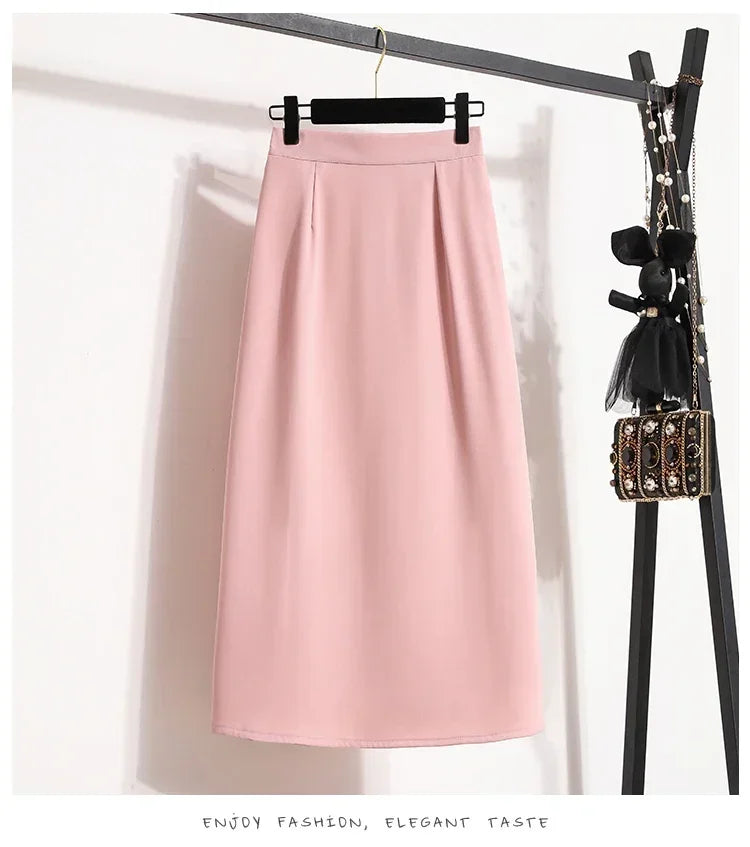 2025 Summer Female Fashionable Versatile Solid Skirts High Waisted Mid Length A-line Plus Size Skirt Split Wrap Body Skirt