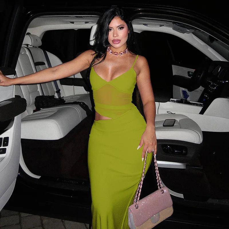 Mesh Thin Shoulder Strap Women's Plus Size Dress Sexy High Street Low Collar Patch Long Robe Women's Party Vest Yellowish green