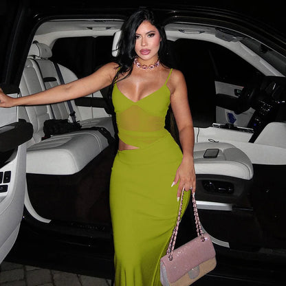 Mesh Thin Shoulder Strap Women's Plus Size Dress Sexy High Street Low Collar Patch Long Robe Women's Party Vest Yellowish green