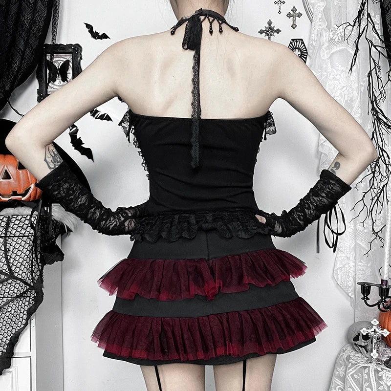 Goth Sexy Lace Corset Crop Tops Camis Y2K Harajuku Aesthetic Black Red Cross Basic Tank Top Summer Women Grunge Emo Streetwear