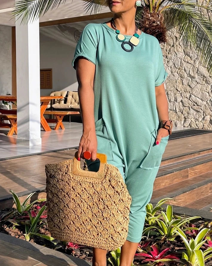 Round neck short sleeved pocket design jumpsuit for women, fashionable and casual casual loose cropped pants for women Badiee Stylez