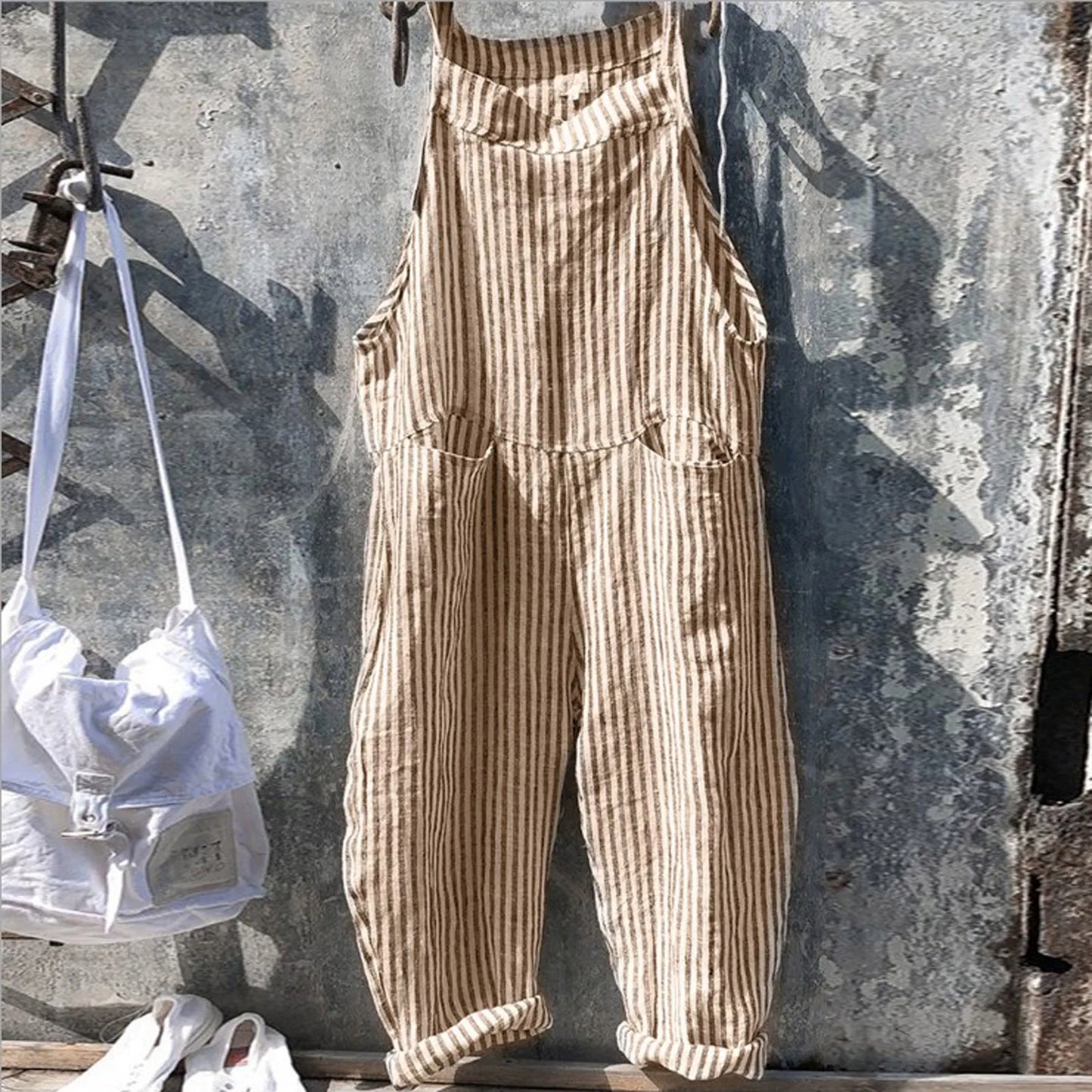 Casual Striped Overalls Korean Style Women's Summer Loose Fit Suspenders Jumpsuits Contrast Color Wide Leg Pants WIth Pockets Yellow