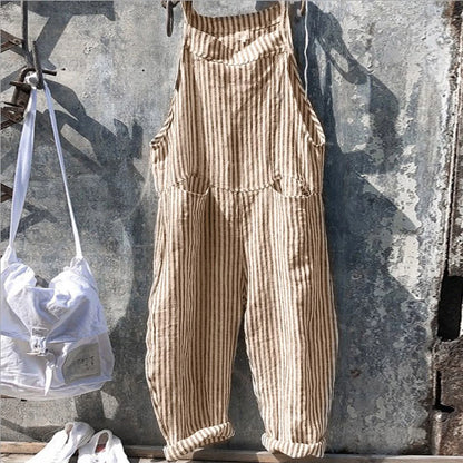 Casual Striped Overalls Korean Style Women's Summer Loose Fit Suspenders Jumpsuits Contrast Color Wide Leg Pants WIth Pockets Yellow