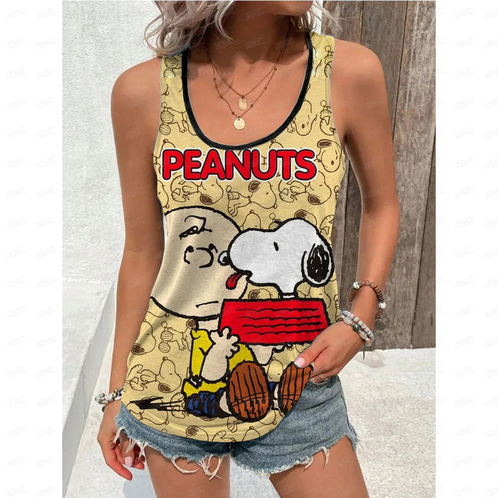 Women's Blouse black Shirts & Blouses Cartoon Snoopy Print Sleeveless Tops Loose V Neck Pulovers Summer Youthful Woman Clothes BXZ1GH01115