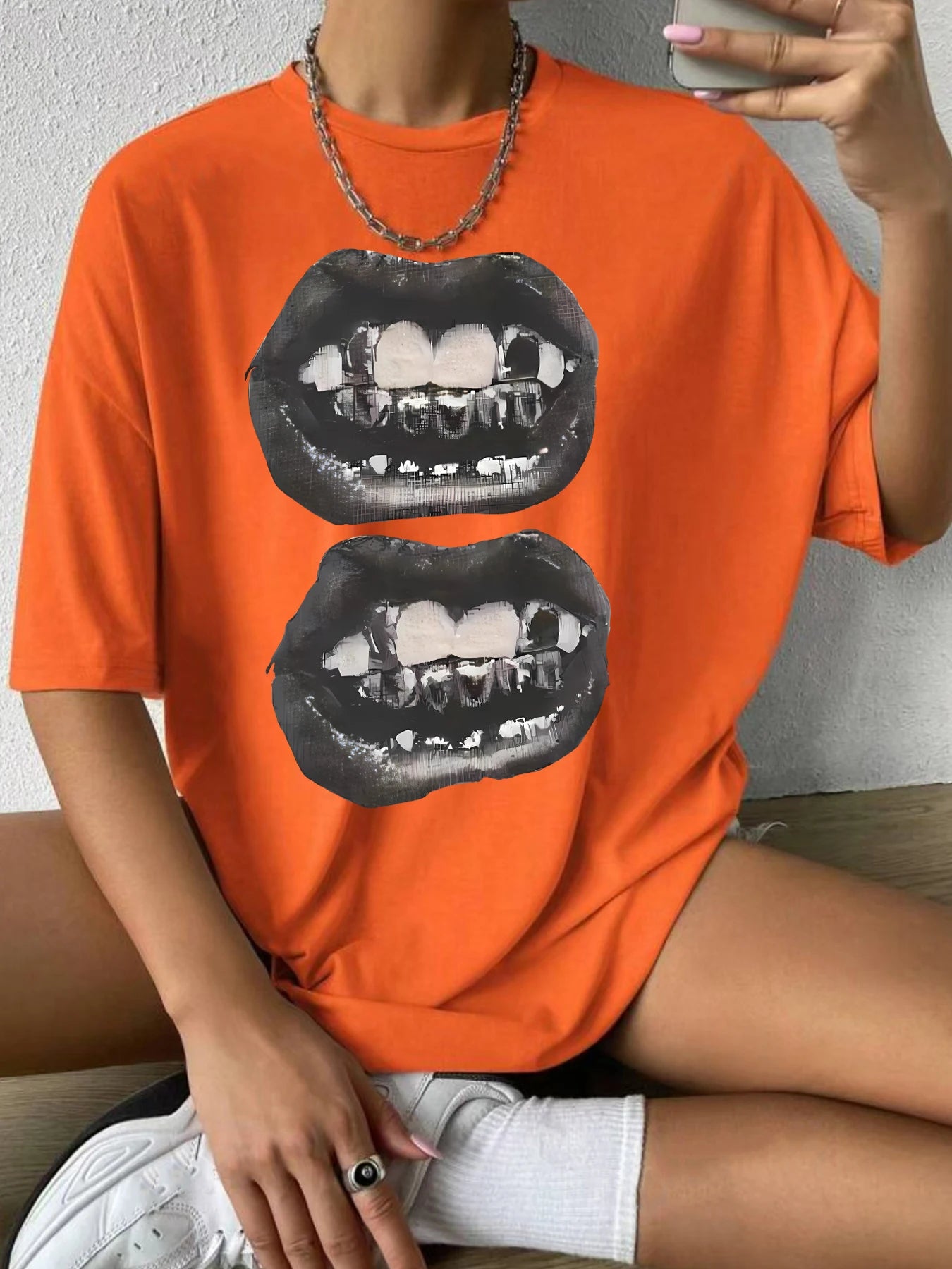 Chic Black & White Lips Graphic Tee for Women Casual Summer Short Sleeve T Shirt Stretchy Polyester Blend Machine Washable Orange