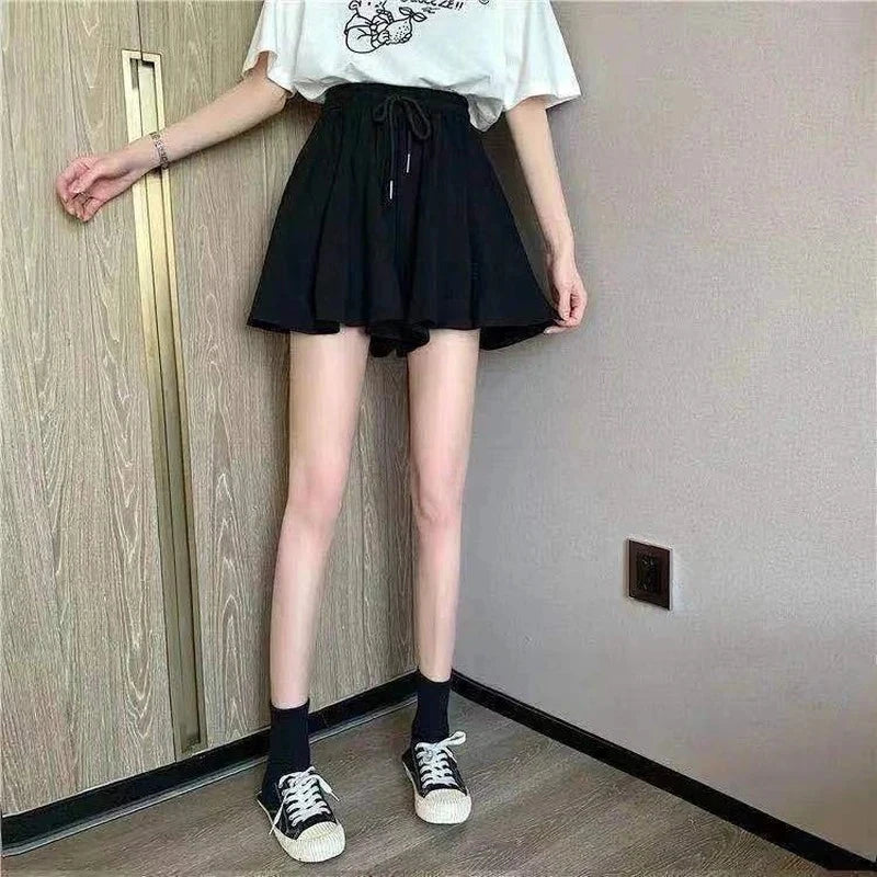 MEXZT 5Xl Summer Shorts Skirts Women Elastic High Waist Casual Wide Leg Shorts Korean A Line Loose Mini Skirt Black Short Pants