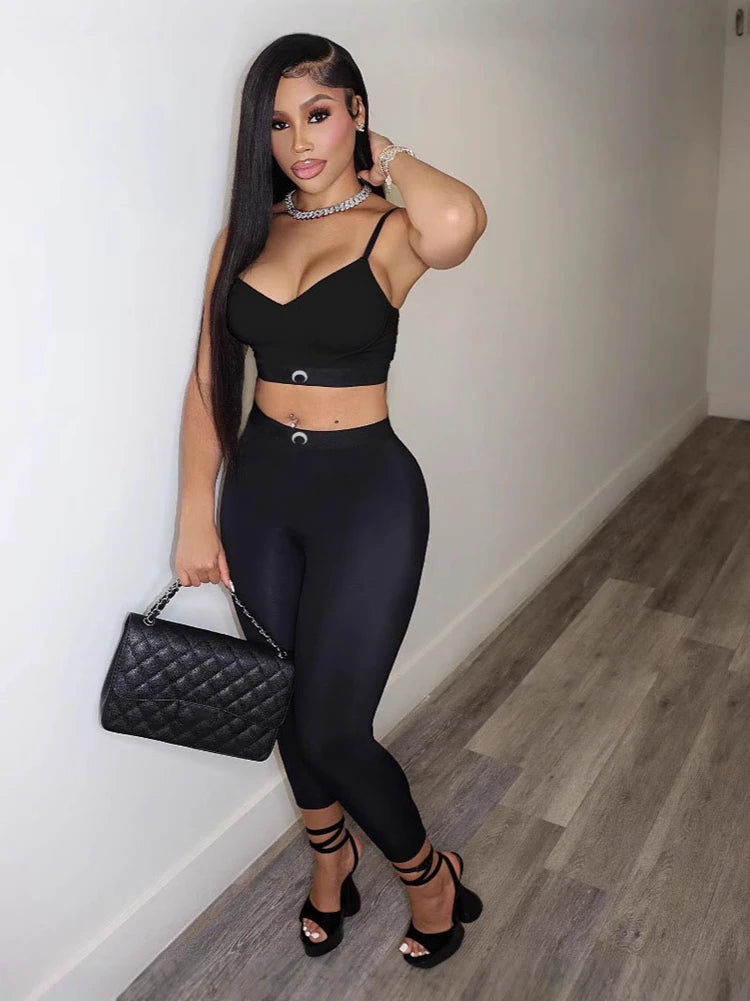 STYLISH LADY Letter Printed Workout 2 Piece Set Women Spaghetti Strap Crop Top and Skinny Pant Suits 2025 Summer Sports Outfits