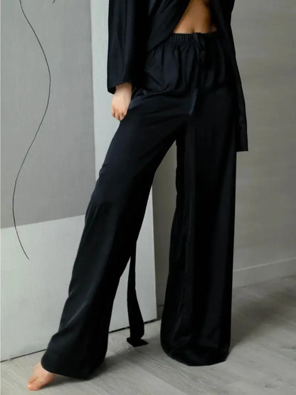 Mozuleva Solid Color Long Sleeved Pants Pajama 2-Piece Set Women's Autumn Winter Lace Up Nightgown Comfortable Home Clothing