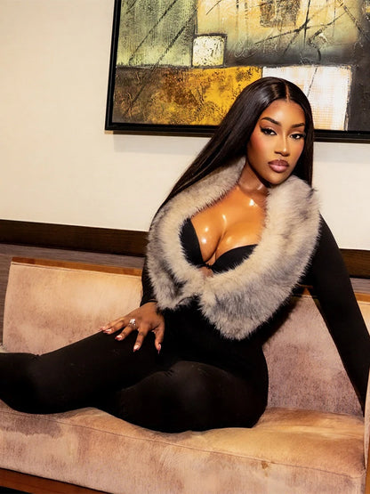 Nibber Autumn Trend Sexy Junpsuits+Furry Foot Cover Woman Low-Neck Full Sleeve Skinny Peach Hip Midnight Party Fashion Clubwear Badiee Stylez