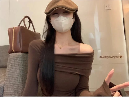 Elegant Off-Shoulder Long Sleeve Knitted Top For Women 2023 Autumn Slimming Smooth Base Layer T-Shirt Polyester Fiber Full Sleev