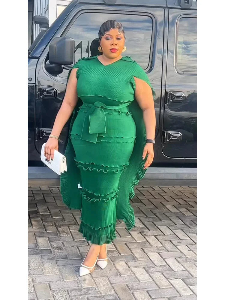 EGRM Miyake Solid Pleated French Three-dimensional Fungus Edge Cake Dress Women's Loose Long Dresses 2025 Summer New 6R8109 Dark Green One Size