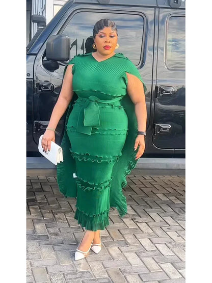 EGRM Miyake Solid Pleated French Three-dimensional Fungus Edge Cake Dress Women's Loose Long Dresses 2025 Summer New 6R8109 Dark Green One Size