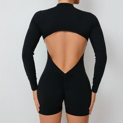 2025 Pad Zipper Long Sleeve Yoga Set Women One Piece Jumpsuit Gym Workout Shorts Fitness Bodysuit Sports Athletic Suit XP358 Badiee Stylez