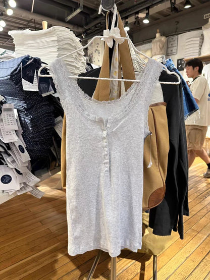 Lace Trim Solid Ribbed Tank Top for Woman Spring Buttons U Collar Sleeveless Slim Camis Simple Cotton Basic Vest Sweet Y2k Tops