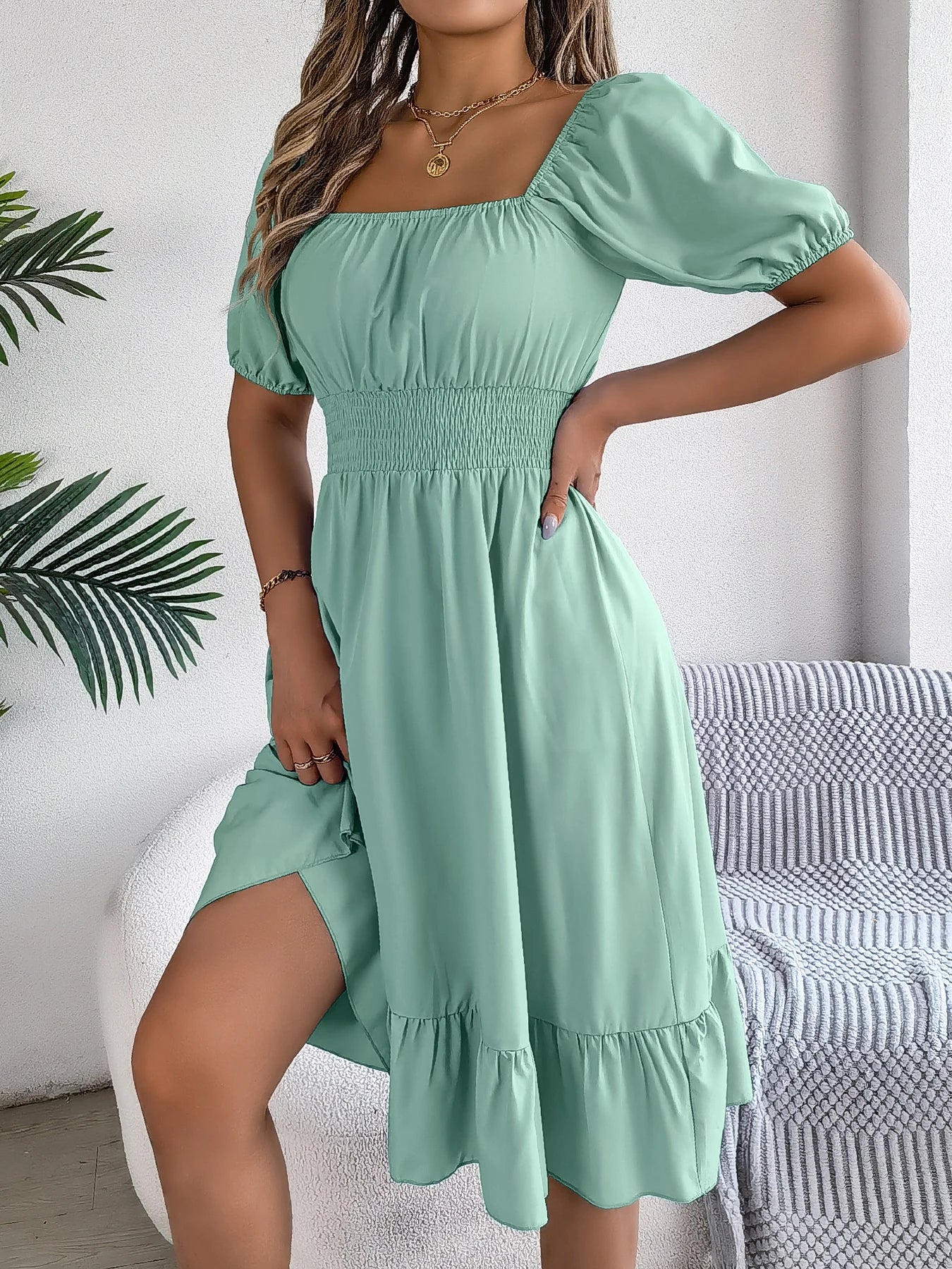 Spring and Summer Elegant High Waisted Dress Square Neck Short Sleeved Ruffled Edge Long Dresses for Women Badiee Stylez