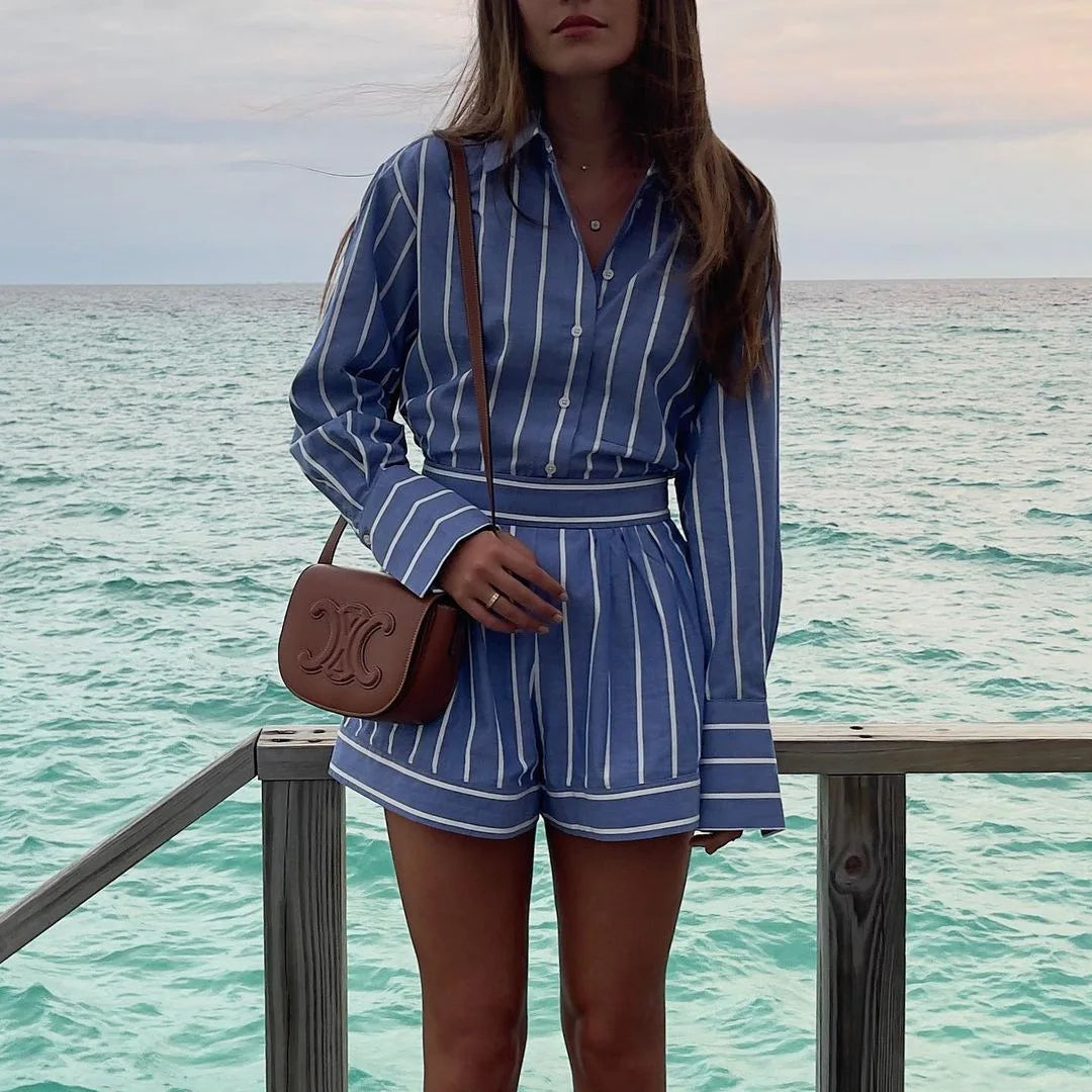 Striped Two Pieces Shorts Set Summer Long Sleeve Turn Down Collar Button Cotton Long Shirts Tops Women Clothing Casual Outfits Blue