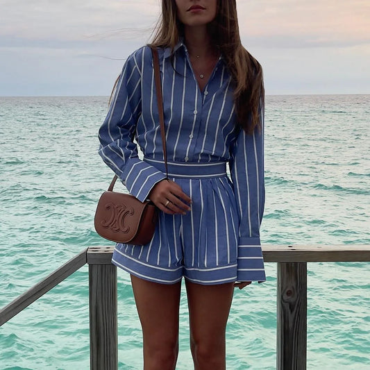 Striped Two Pieces Shorts Set Summer Long Sleeve Turn Down Collar Button Cotton Long Shirts Tops Women Clothing Casual Outfits Blue