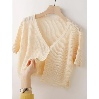 Ice Silk Knitted Cardigan Women's Summer Thin Short-sleeved Outer Wear Sun Protection Short Versatile Simple Commuter Top