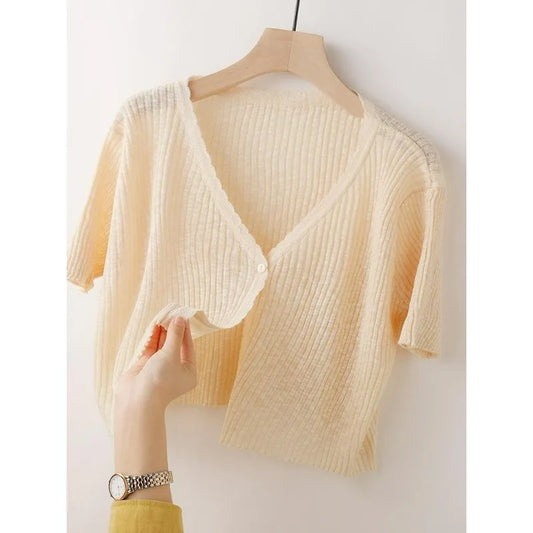 Ice Silk Knitted Cardigan Women's Summer Thin Short-sleeved Outer Wear Sun Protection Short Versatile Simple Commuter Top