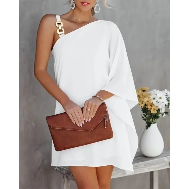 Summer Commuter Women's S-2XL size Dress One Line Diagonal Neck Off Shoulder Solid Color and PrintedMetal Strap Bat Sleeve WHITE