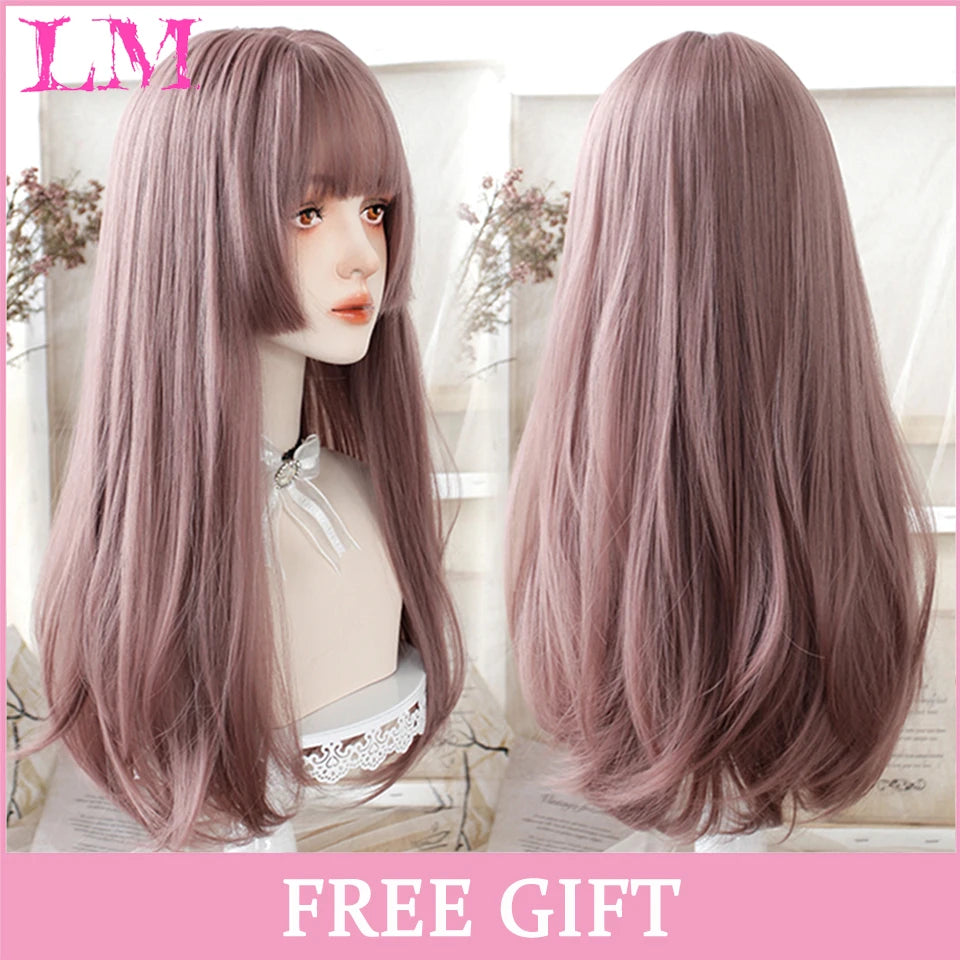 LM Long Silky Straight Synthetic Wigs with Bangs Black Cosplay Party Lolita Hair Wigs for Women Natural Heat Resistant Wig LIANGMO 8