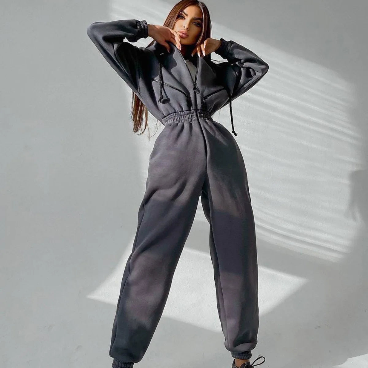 Autumn Women's Monochrome Long-Sleeved Jumpsuit Solid Color Zip-up Sportswear Female Winter Casual Tracksuit Fashionable Hoodies Badiee Stylez