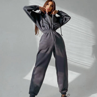 Autumn Women's Monochrome Long-Sleeved Jumpsuit Solid Color Zip-up Sportswear Female Winter Casual Tracksuit Fashionable Hoodies Badiee Stylez