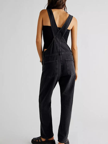 Casual Women Summer Vintage Retro Denim Long Jumpsuit Spaghetti Strap Straight Romper Pants Baggy Bib Overalls Jumpsuits