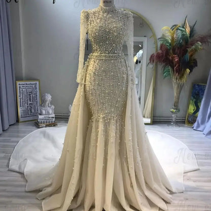 Champagne Full Pearls Elegant Evening Dress Muslim Long Sleeve Vestido De Noiva Wedding Celebrity Dress Customized for Birthday Badiee Stylez