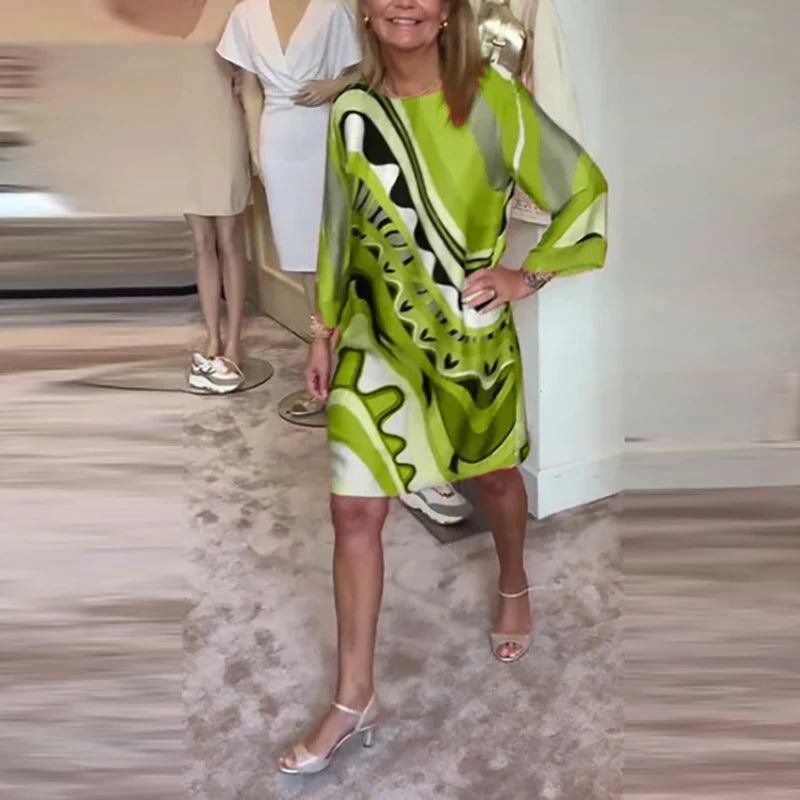 Ladies Elegant Crew-neck Pullover Office Dress Autumn All Match Pattern Print Female Dress 2024 Chic Long Sleeve Commuter Dress