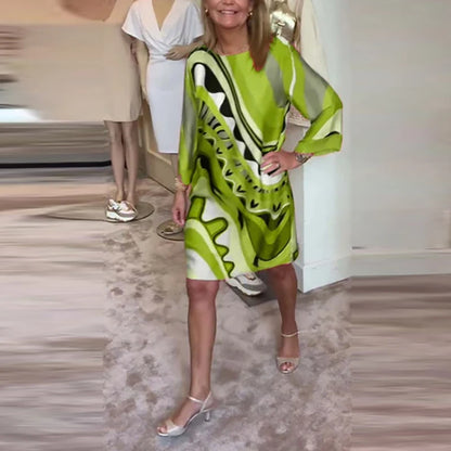 Ladies Elegant Crew-neck Pullover Office Dress Autumn All Match Pattern Print Female Dress 2024 Chic Long Sleeve Commuter Dress