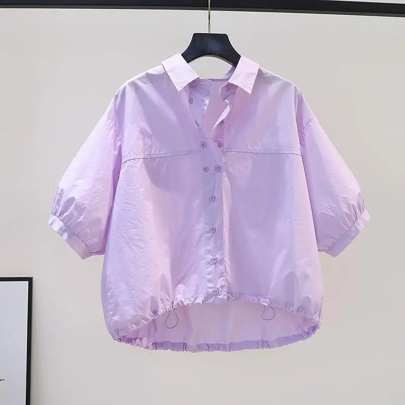 Summer Turn-down Collar Fashion Short Sleeve Shirt Women High Street Solid Color Casual Cardigan Drawstring Pure Cotton Tops Lavender