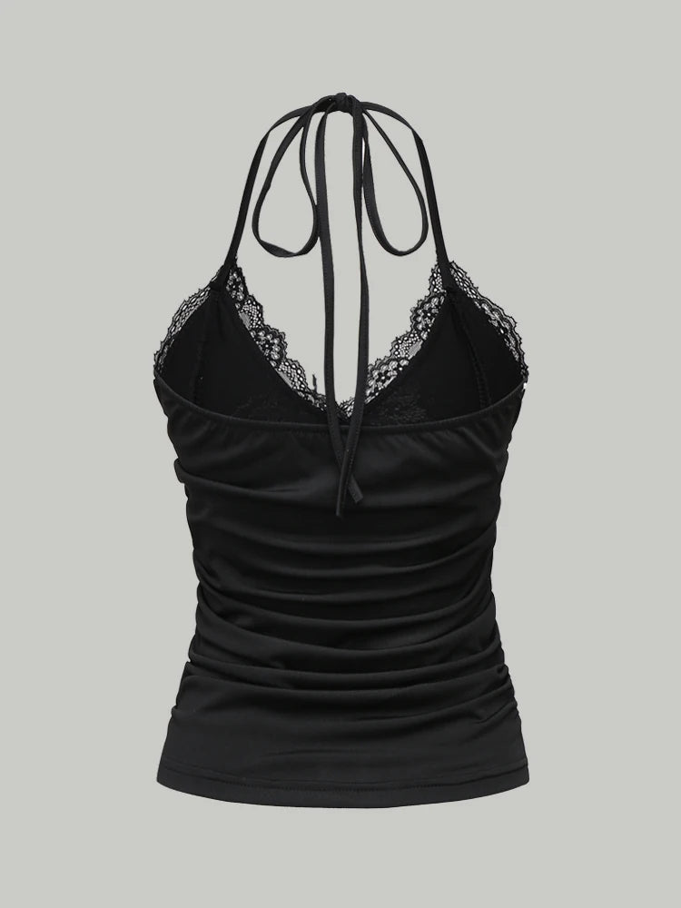 Sexy Lace V-neck Cropped Halter Tops For Women Summer 2025 Solid Color Casual Sleeveless Backless Ruched Tank Top Tee Shirt